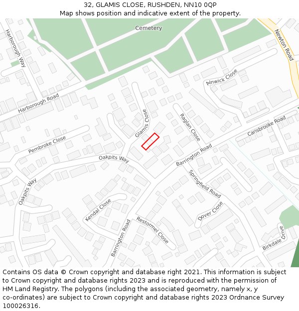 32, GLAMIS CLOSE, RUSHDEN, NN10 0QP: Location map and indicative extent of plot