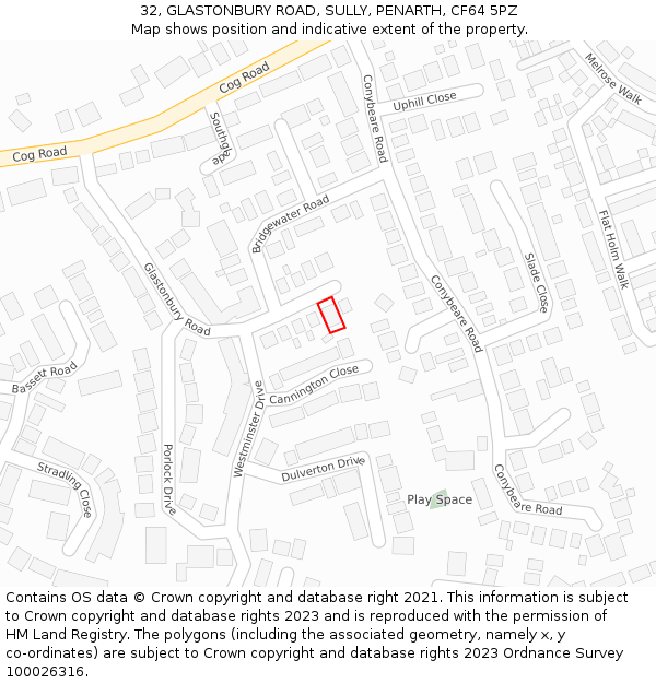 32, GLASTONBURY ROAD, SULLY, PENARTH, CF64 5PZ: Location map and indicative extent of plot