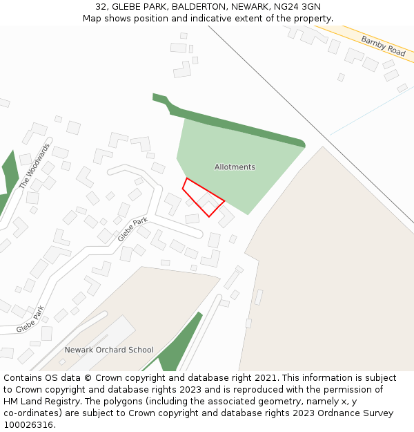 32, GLEBE PARK, BALDERTON, NEWARK, NG24 3GN: Location map and indicative extent of plot