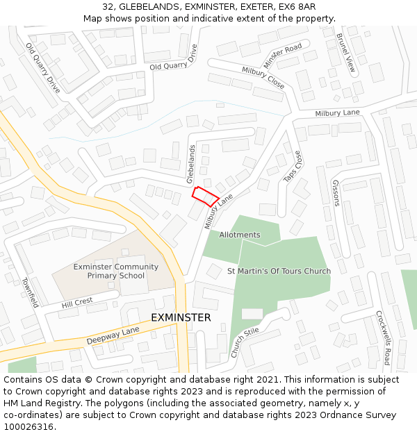 32, GLEBELANDS, EXMINSTER, EXETER, EX6 8AR: Location map and indicative extent of plot