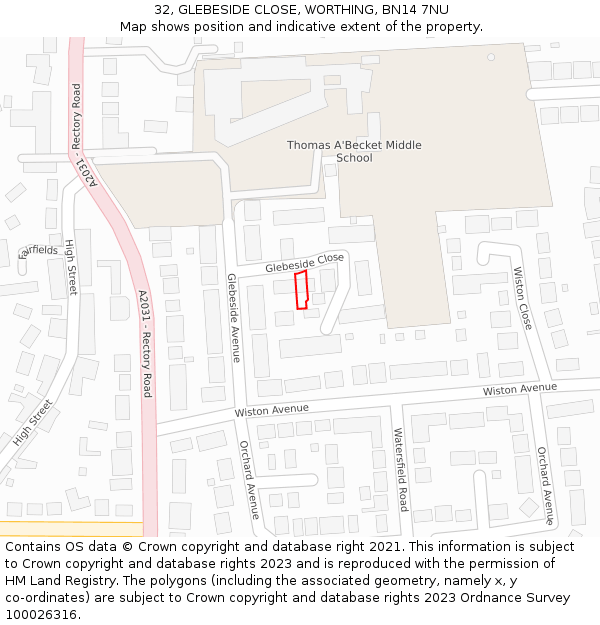 32, GLEBESIDE CLOSE, WORTHING, BN14 7NU: Location map and indicative extent of plot