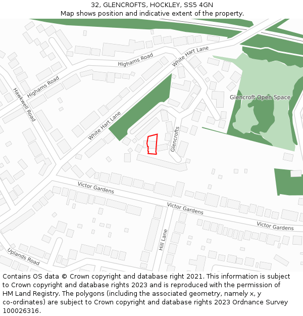32, GLENCROFTS, HOCKLEY, SS5 4GN: Location map and indicative extent of plot