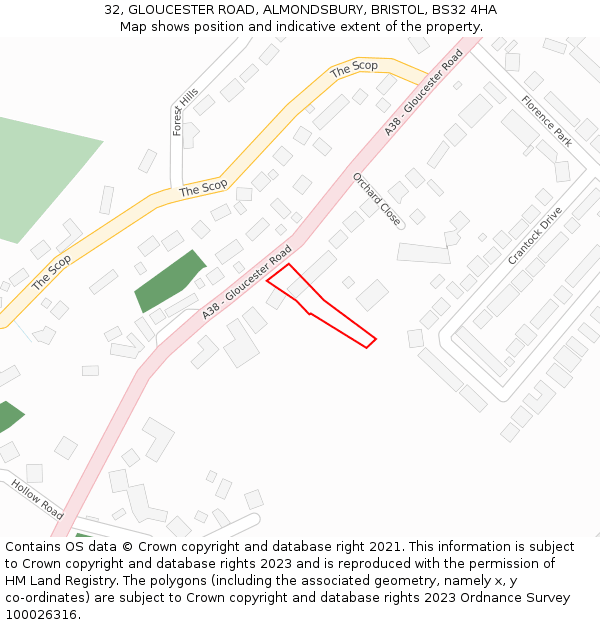 32, GLOUCESTER ROAD, ALMONDSBURY, BRISTOL, BS32 4HA: Location map and indicative extent of plot