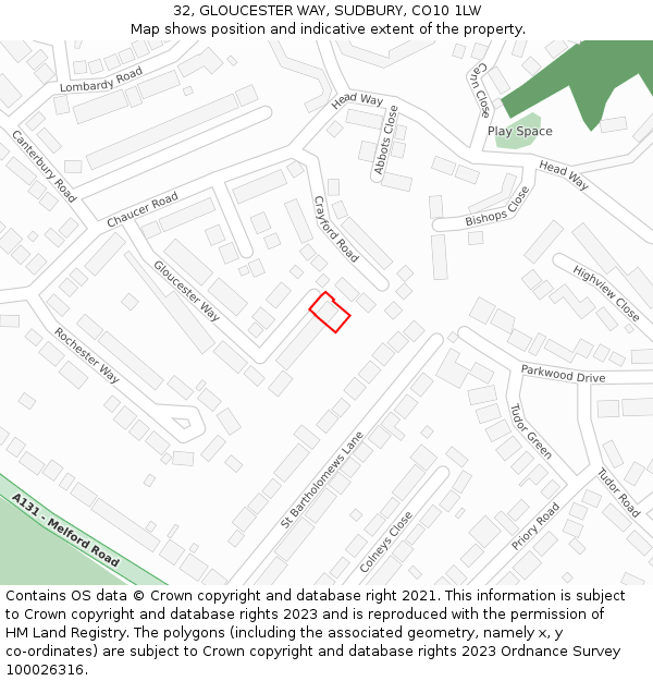 32, GLOUCESTER WAY, SUDBURY, CO10 1LW: Location map and indicative extent of plot