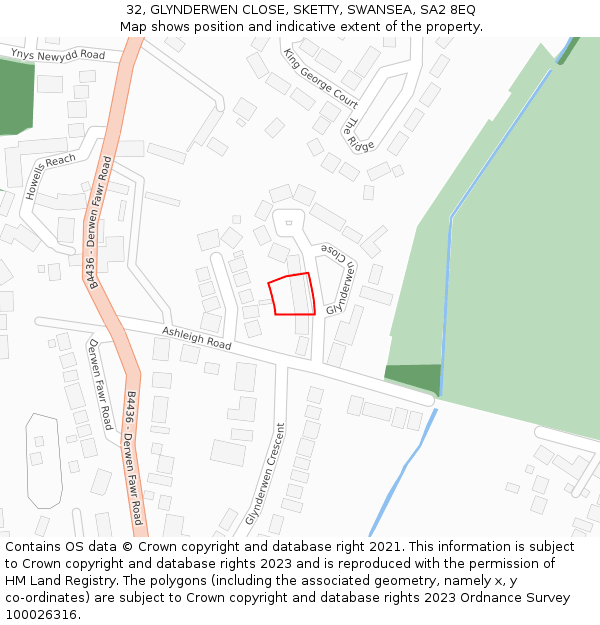 32, GLYNDERWEN CLOSE, SKETTY, SWANSEA, SA2 8EQ: Location map and indicative extent of plot