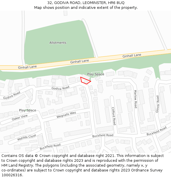 32, GODIVA ROAD, LEOMINSTER, HR6 8UQ: Location map and indicative extent of plot