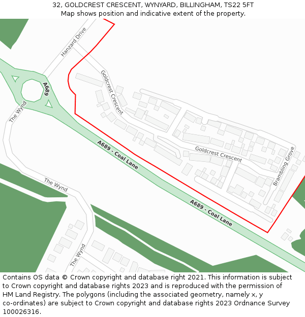 32, GOLDCREST CRESCENT, WYNYARD, BILLINGHAM, TS22 5FT: Location map and indicative extent of plot