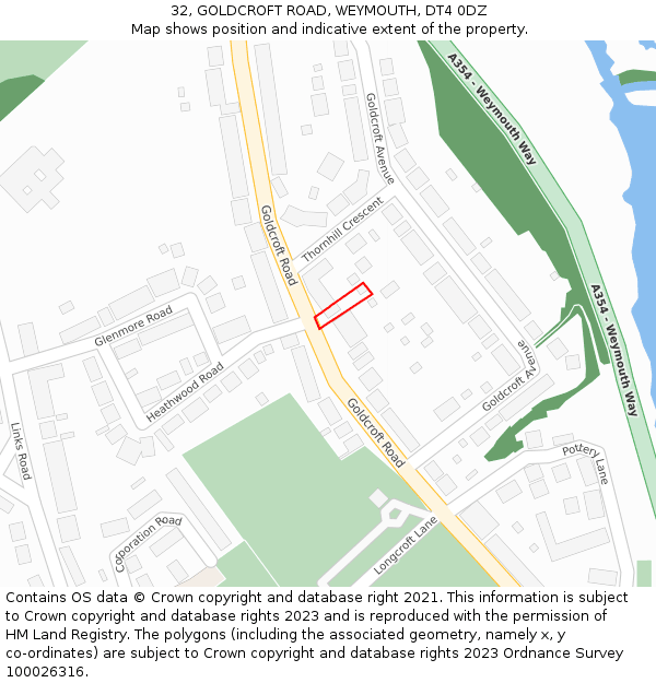 32, GOLDCROFT ROAD, WEYMOUTH, DT4 0DZ: Location map and indicative extent of plot