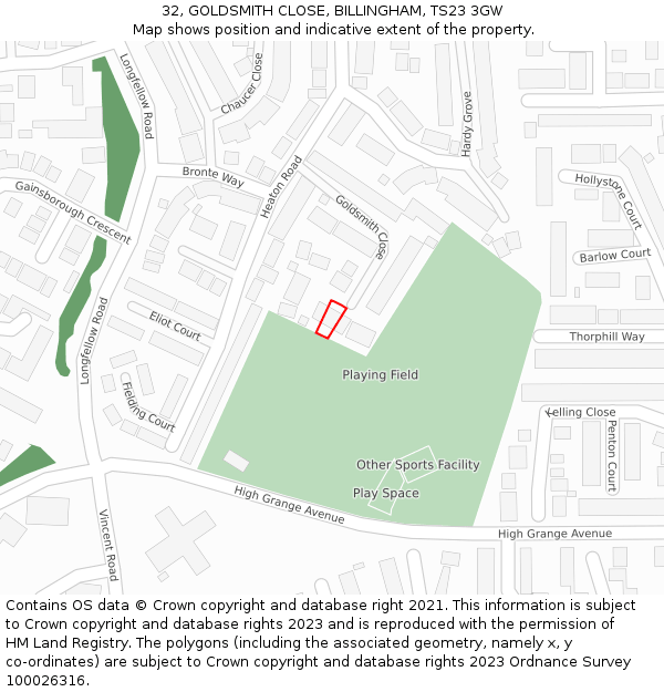 32, GOLDSMITH CLOSE, BILLINGHAM, TS23 3GW: Location map and indicative extent of plot