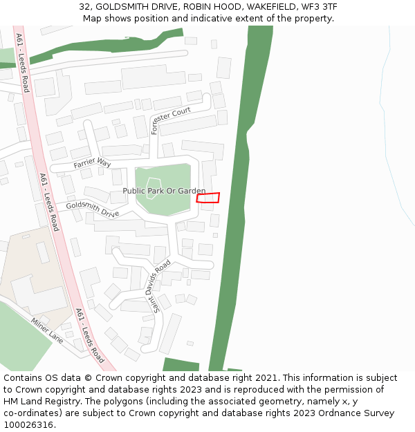 32, GOLDSMITH DRIVE, ROBIN HOOD, WAKEFIELD, WF3 3TF: Location map and indicative extent of plot
