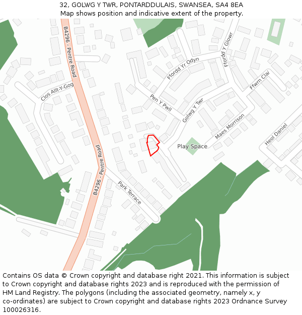 32, GOLWG Y TWR, PONTARDDULAIS, SWANSEA, SA4 8EA: Location map and indicative extent of plot