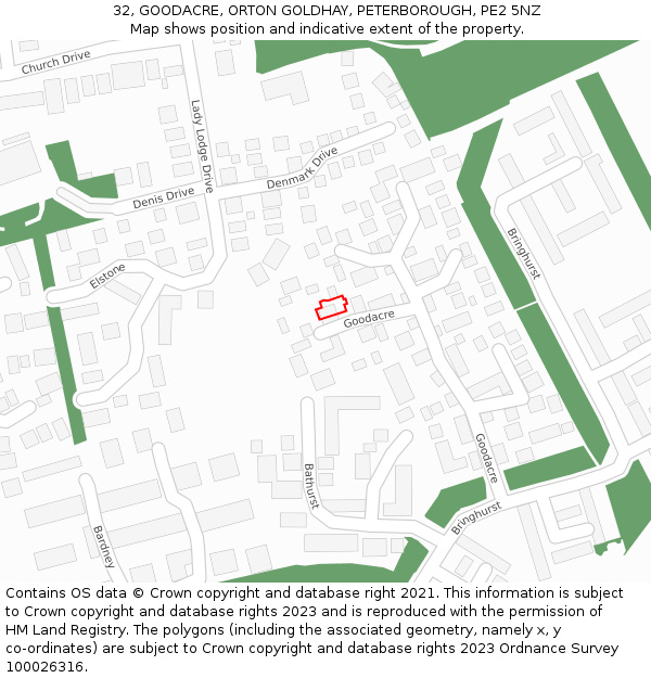 32, GOODACRE, ORTON GOLDHAY, PETERBOROUGH, PE2 5NZ: Location map and indicative extent of plot