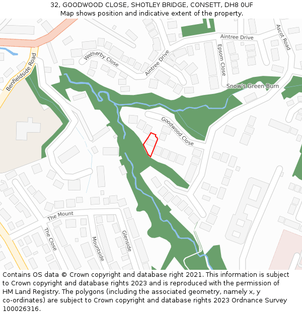 32, GOODWOOD CLOSE, SHOTLEY BRIDGE, CONSETT, DH8 0UF: Location map and indicative extent of plot