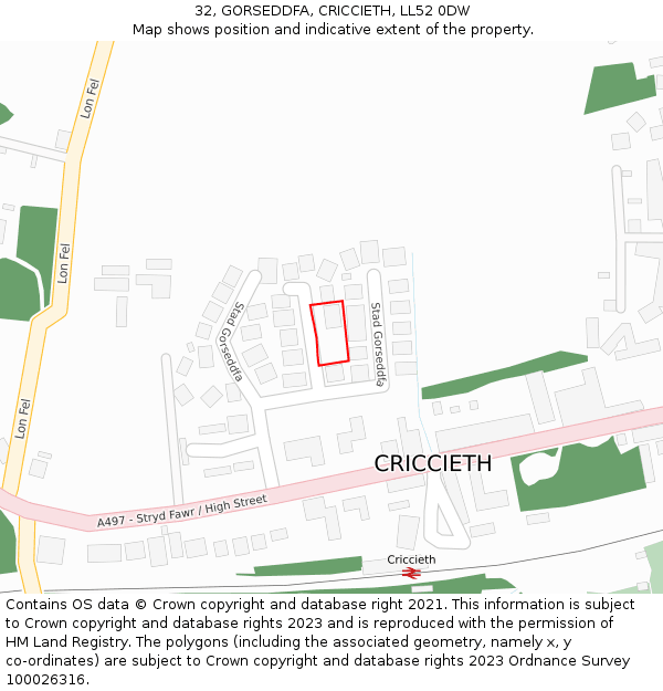 32, GORSEDDFA, CRICCIETH, LL52 0DW: Location map and indicative extent of plot