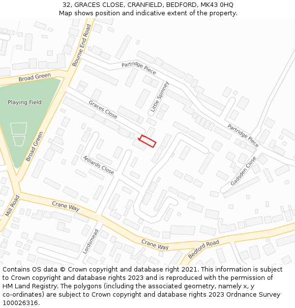 32, GRACES CLOSE, CRANFIELD, BEDFORD, MK43 0HQ: Location map and indicative extent of plot