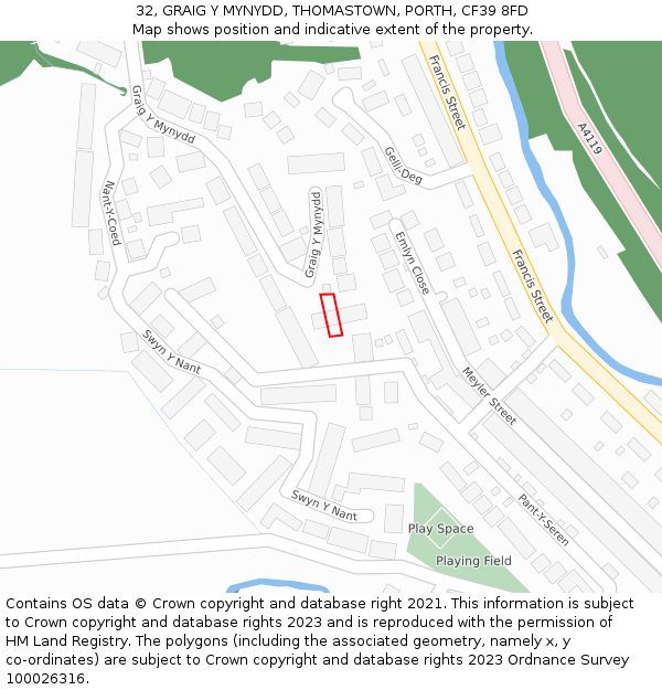 32, GRAIG Y MYNYDD, THOMASTOWN, PORTH, CF39 8FD: Location map and indicative extent of plot