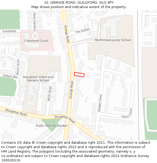 32, GRANGE ROAD, GUILDFORD, GU2 9PY: Location map and indicative extent of plot