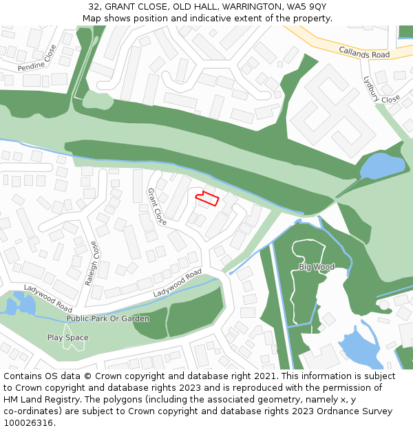 32, GRANT CLOSE, OLD HALL, WARRINGTON, WA5 9QY: Location map and indicative extent of plot