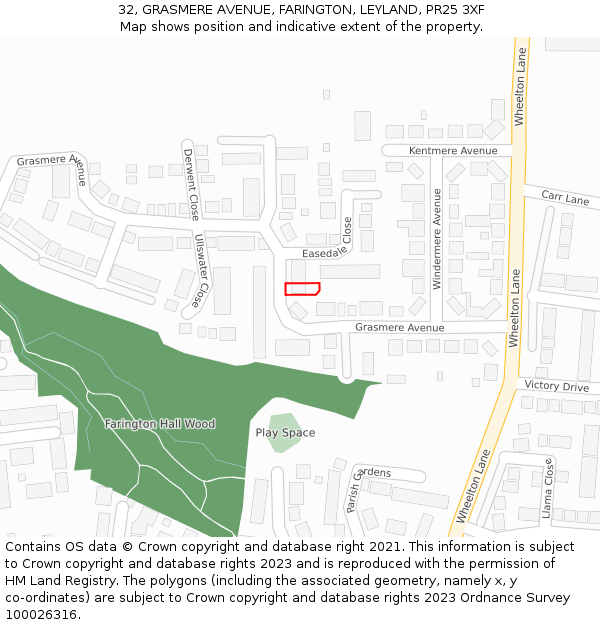 32, GRASMERE AVENUE, FARINGTON, LEYLAND, PR25 3XF: Location map and indicative extent of plot