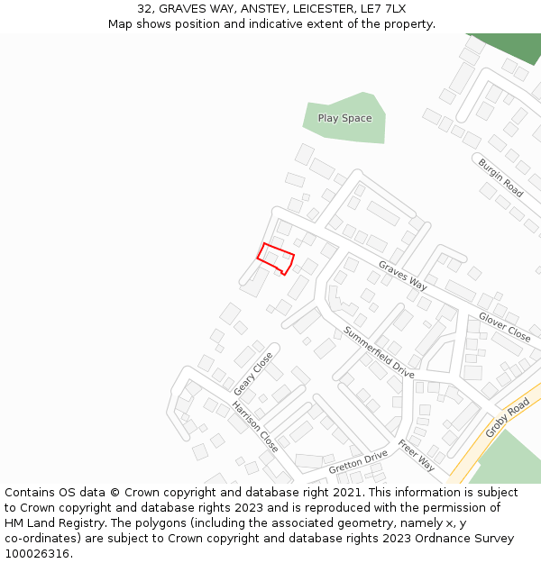 32, GRAVES WAY, ANSTEY, LEICESTER, LE7 7LX: Location map and indicative extent of plot