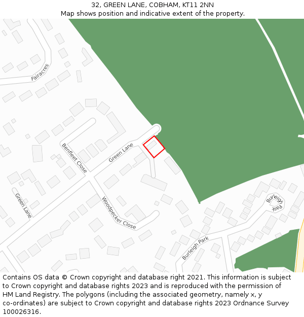 32, GREEN LANE, COBHAM, KT11 2NN: Location map and indicative extent of plot