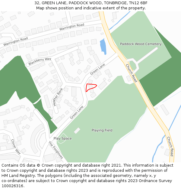 32, GREEN LANE, PADDOCK WOOD, TONBRIDGE, TN12 6BF: Location map and indicative extent of plot