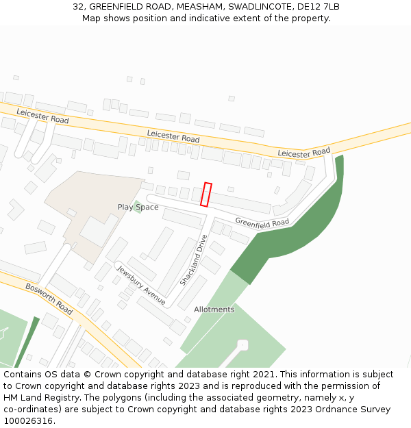 32, GREENFIELD ROAD, MEASHAM, SWADLINCOTE, DE12 7LB: Location map and indicative extent of plot