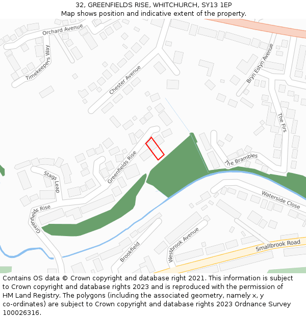 32, GREENFIELDS RISE, WHITCHURCH, SY13 1EP: Location map and indicative extent of plot