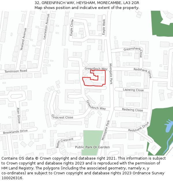 32, GREENFINCH WAY, HEYSHAM, MORECAMBE, LA3 2GR: Location map and indicative extent of plot