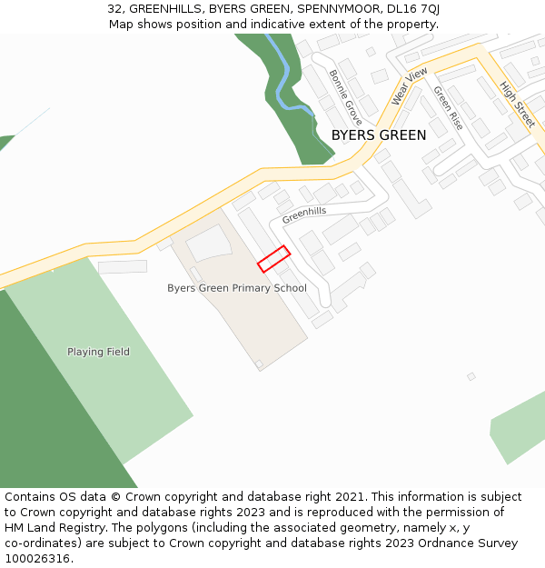 32, GREENHILLS, BYERS GREEN, SPENNYMOOR, DL16 7QJ: Location map and indicative extent of plot