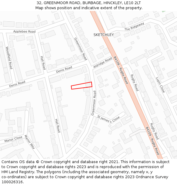 32, GREENMOOR ROAD, BURBAGE, HINCKLEY, LE10 2LT: Location map and indicative extent of plot