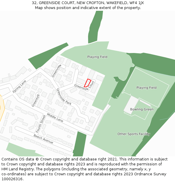 32, GREENSIDE COURT, NEW CROFTON, WAKEFIELD, WF4 1JX: Location map and indicative extent of plot