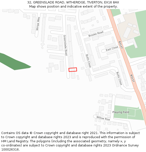 32, GREENSLADE ROAD, WITHERIDGE, TIVERTON, EX16 8AX: Location map and indicative extent of plot