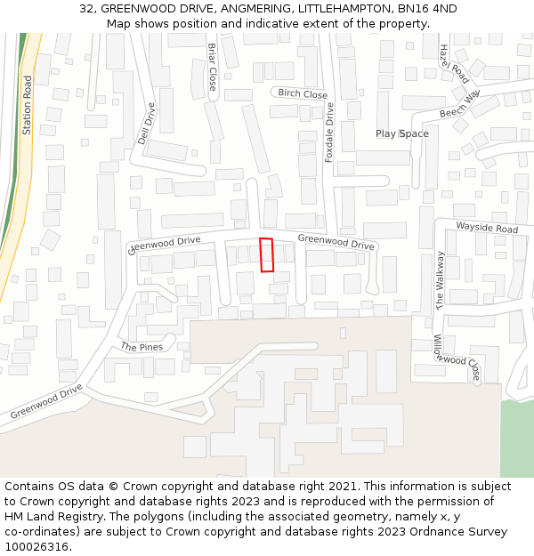 32, GREENWOOD DRIVE, ANGMERING, LITTLEHAMPTON, BN16 4ND: Location map and indicative extent of plot