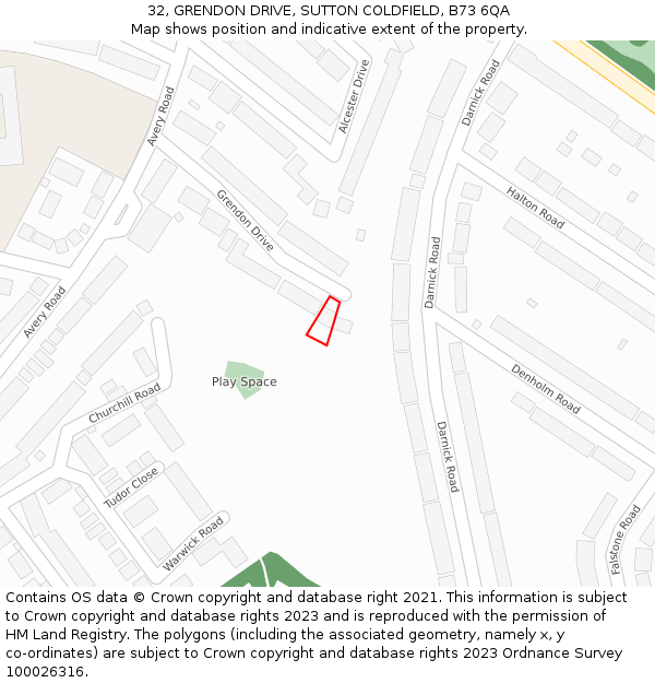 32, GRENDON DRIVE, SUTTON COLDFIELD, B73 6QA: Location map and indicative extent of plot