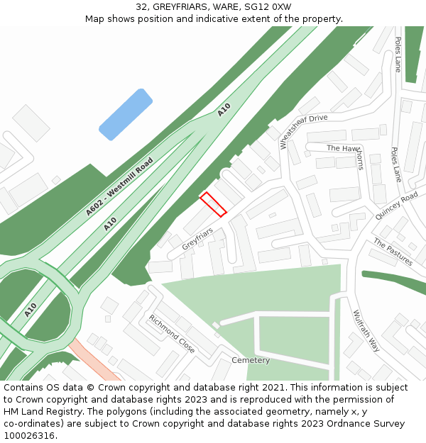 32, GREYFRIARS, WARE, SG12 0XW: Location map and indicative extent of plot