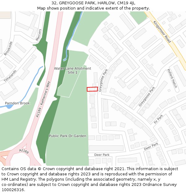 32, GREYGOOSE PARK, HARLOW, CM19 4JL: Location map and indicative extent of plot