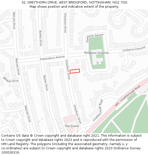 32, GREYTHORN DRIVE, WEST BRIDGFORD, NOTTINGHAM, NG2 7GG: Location map and indicative extent of plot