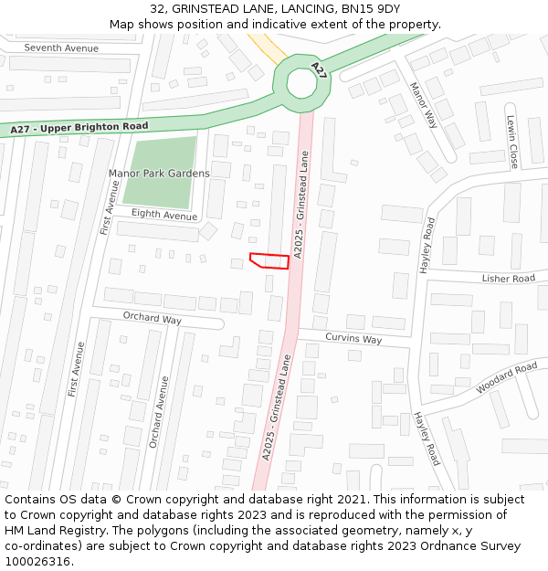 32, GRINSTEAD LANE, LANCING, BN15 9DY: Location map and indicative extent of plot