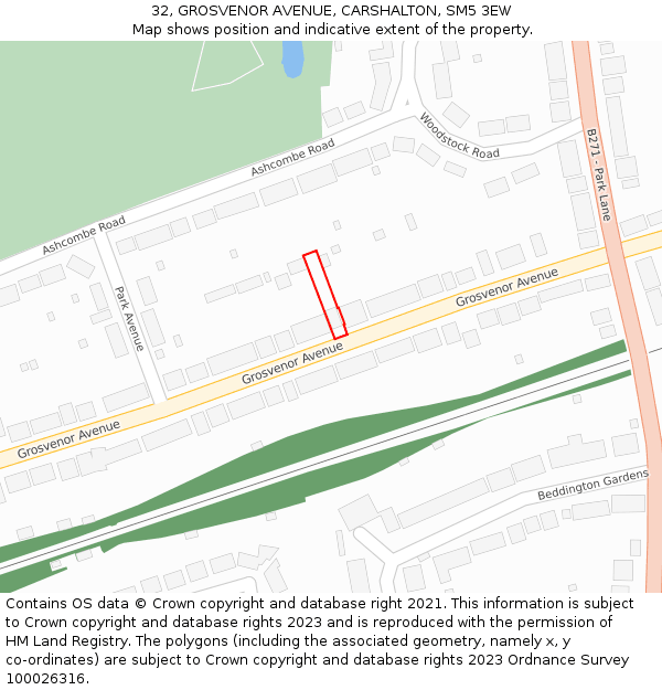 32, GROSVENOR AVENUE, CARSHALTON, SM5 3EW: Location map and indicative extent of plot