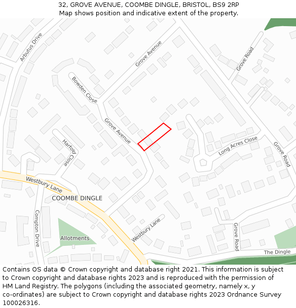 32, GROVE AVENUE, COOMBE DINGLE, BRISTOL, BS9 2RP: Location map and indicative extent of plot