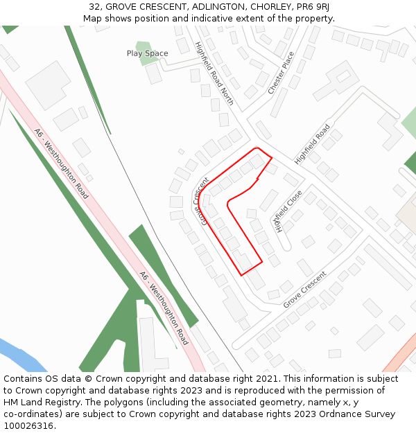 32, GROVE CRESCENT, ADLINGTON, CHORLEY, PR6 9RJ: Location map and indicative extent of plot