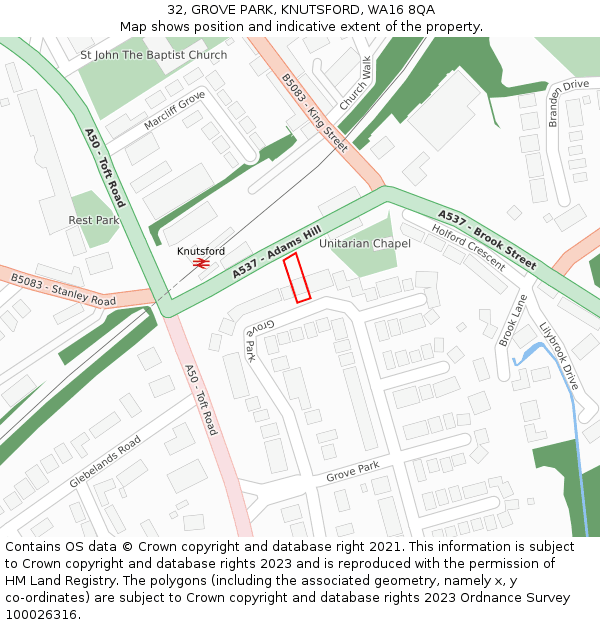 32, GROVE PARK, KNUTSFORD, WA16 8QA: Location map and indicative extent of plot