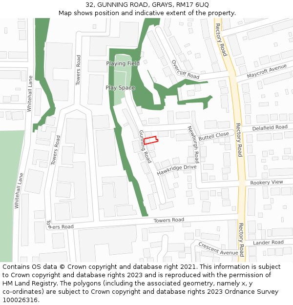 32, GUNNING ROAD, GRAYS, RM17 6UQ: Location map and indicative extent of plot