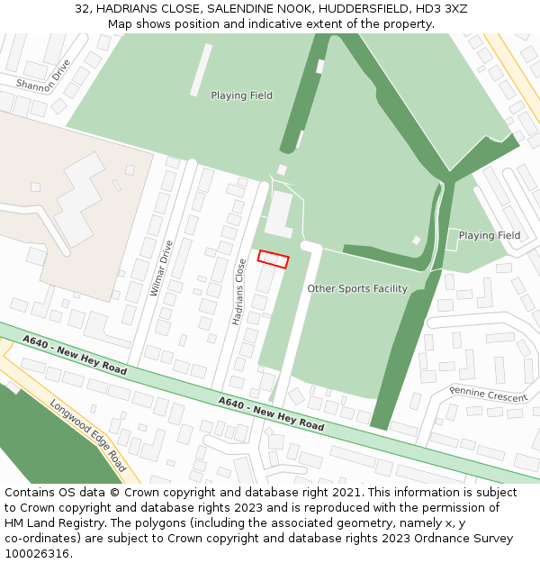 32, HADRIANS CLOSE, SALENDINE NOOK, HUDDERSFIELD, HD3 3XZ: Location map and indicative extent of plot