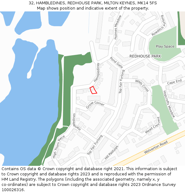 32, HAMBLEDINES, REDHOUSE PARK, MILTON KEYNES, MK14 5FS: Location map and indicative extent of plot