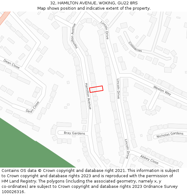 32, HAMILTON AVENUE, WOKING, GU22 8RS: Location map and indicative extent of plot