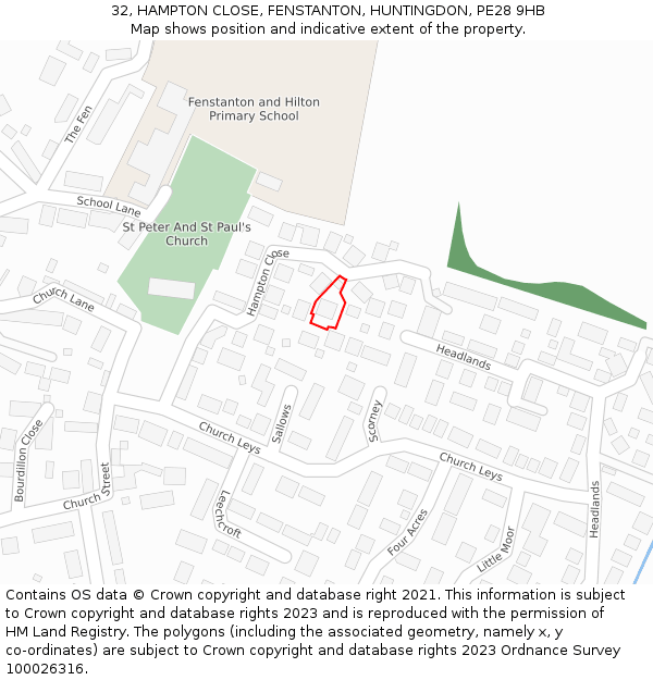 32, HAMPTON CLOSE, FENSTANTON, HUNTINGDON, PE28 9HB: Location map and indicative extent of plot