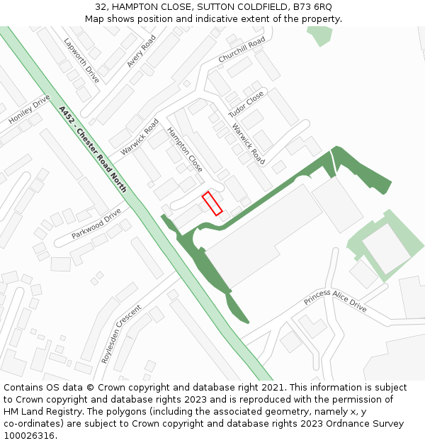 32, HAMPTON CLOSE, SUTTON COLDFIELD, B73 6RQ: Location map and indicative extent of plot