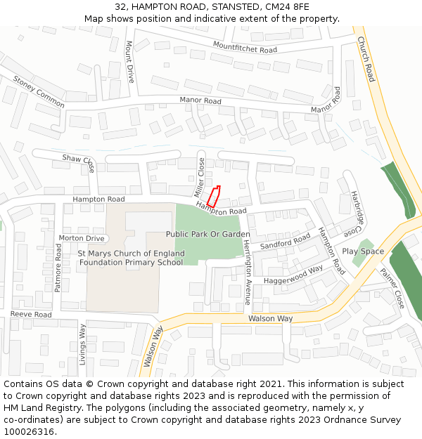 32, HAMPTON ROAD, STANSTED, CM24 8FE: Location map and indicative extent of plot